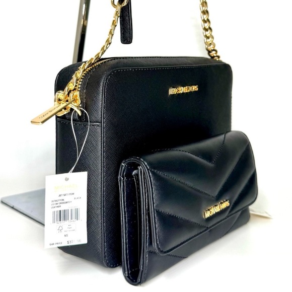 Michael Kors Large Logo Crossbody Bag & Matching Quilted Trifold Wallet Black - Picture 4 of 11
